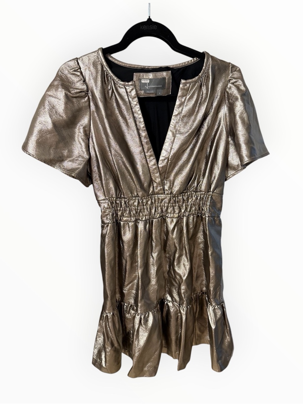 Anthropologie The Somerset Metallic Faux Leather Tiered Mini Dress Silver Small